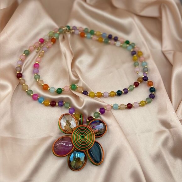 Rainbow Beaded Flower Pendant Necklace – Bold, Colorful & Totally Joyful! - Picture 4 of 12